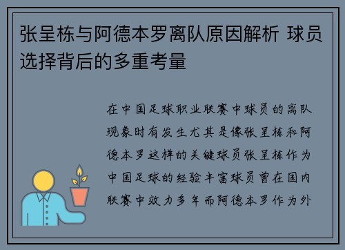 张呈栋与阿德本罗离队原因解析 球员选择背后的多重考量
